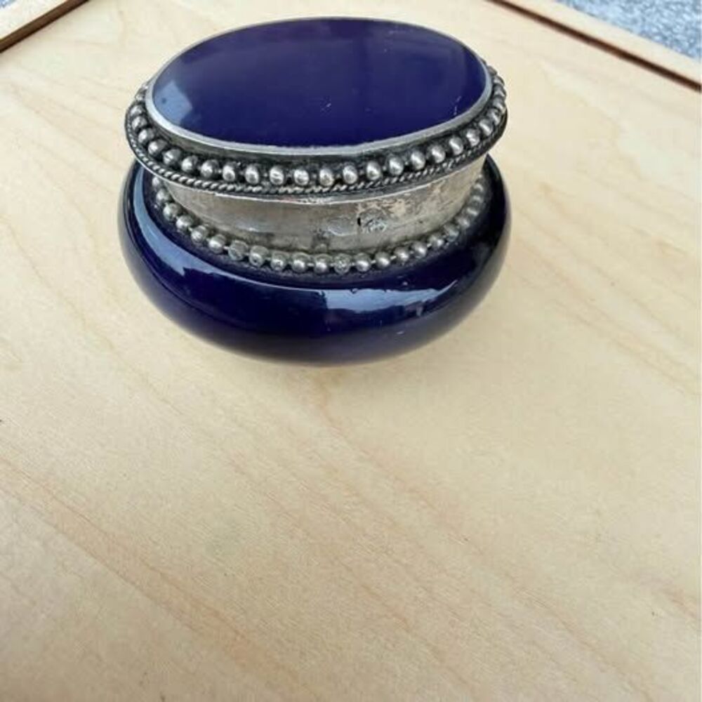 Vintage Cobalt Blue Glass Trinket Box with Silver-Toned Beaded Trim